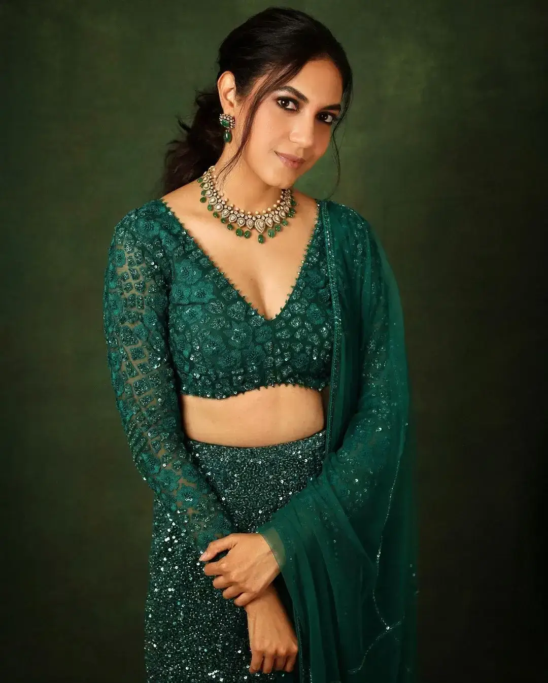 Actress Ritu Varma in Green Embroidered Lehenga Choli